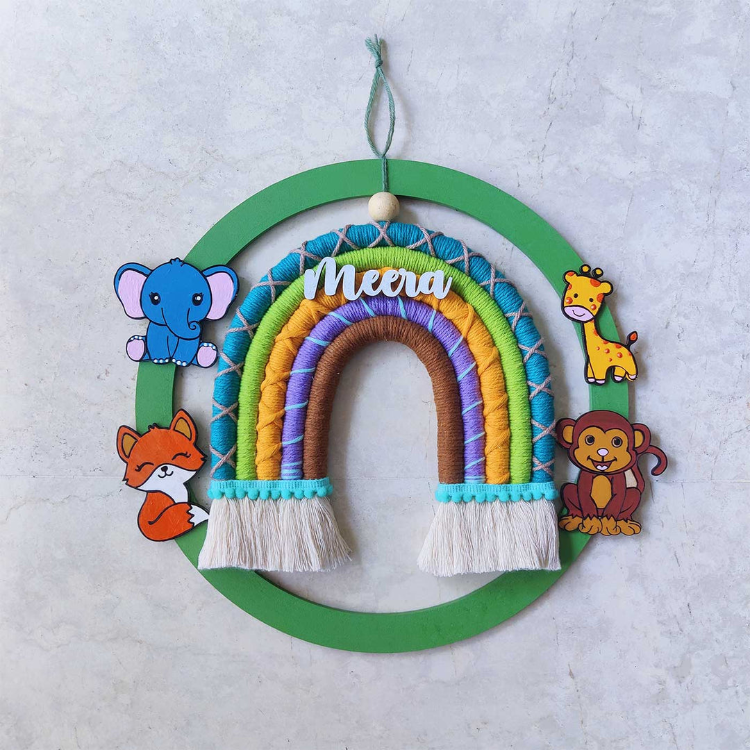 Personalized Handmade Macrame Jungle Ring And Rainbow Kids Name Plate With 3D Letters - Front View Hanging on Wall
