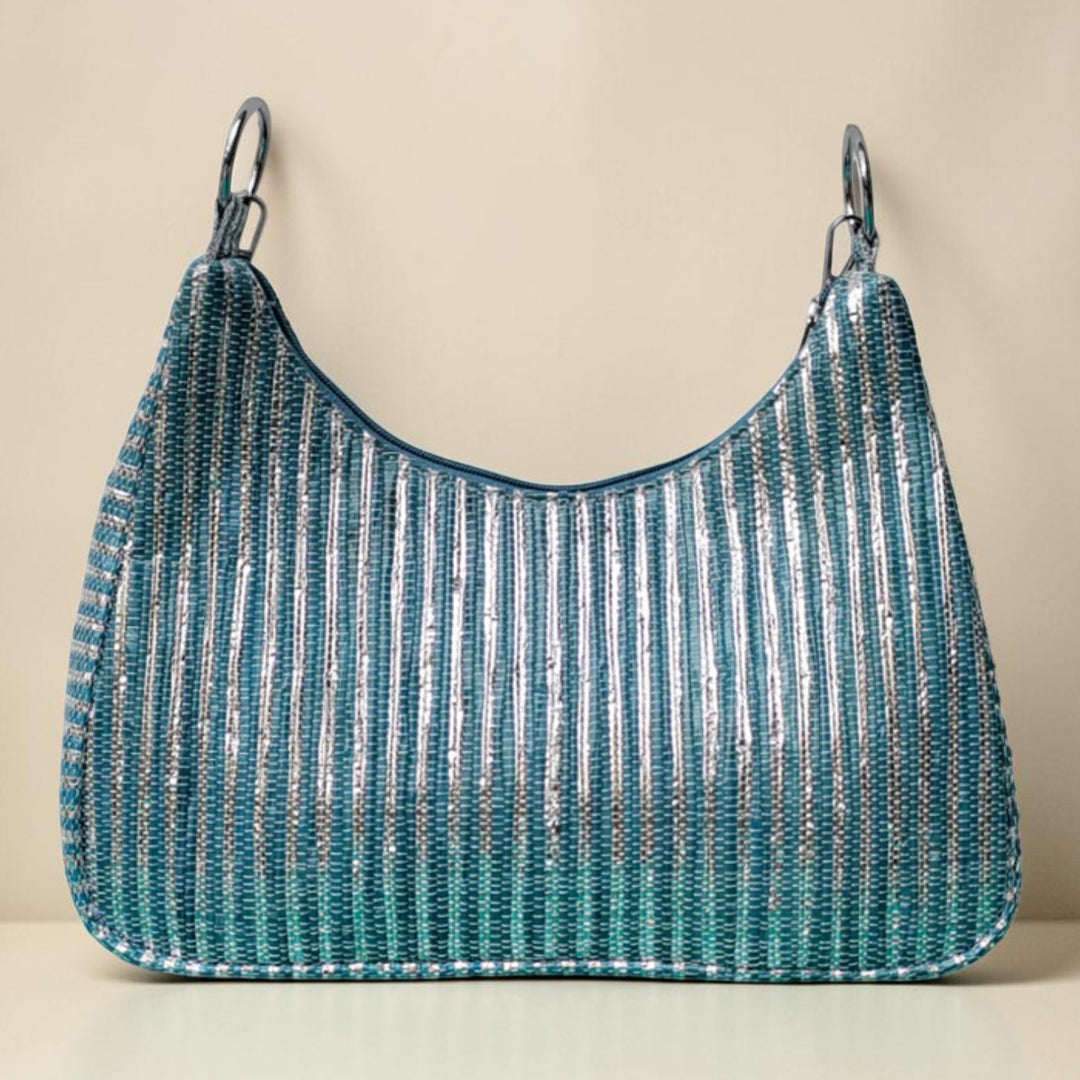 Blue and White Striped Upcycled Plastic Handcrafted Baguette Handbag