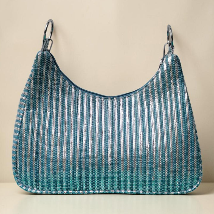 Blue and White Striped Upcycled Plastic Handcrafted Baguette Handbag