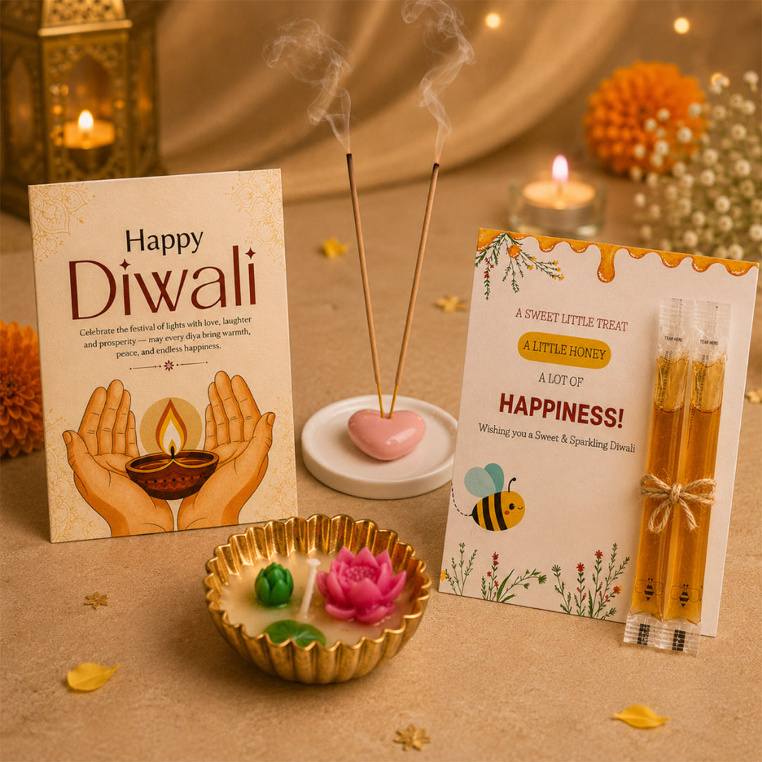 Shubh Aarambh Diwali Gift Hamper With Agarbatti Stand, Small Urli Soy Wax Candle And Shubh Labh Charan For Festive Gifting
