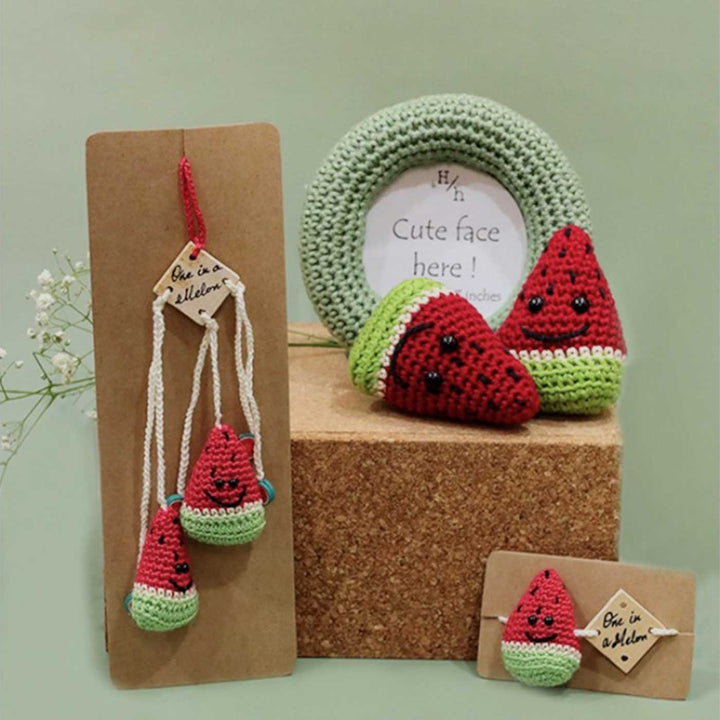 Handmade Crochet One In A Melon Kids Lumba Rakhi With Roli Chawal - Full Product Set Display