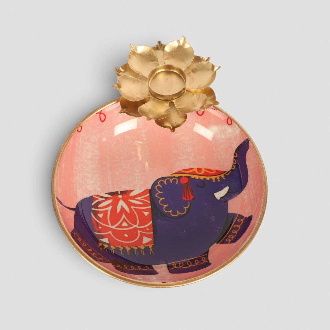 Handmade Meena Enamel Elephant Urli With Floral Tealight Holder For Festive Decor