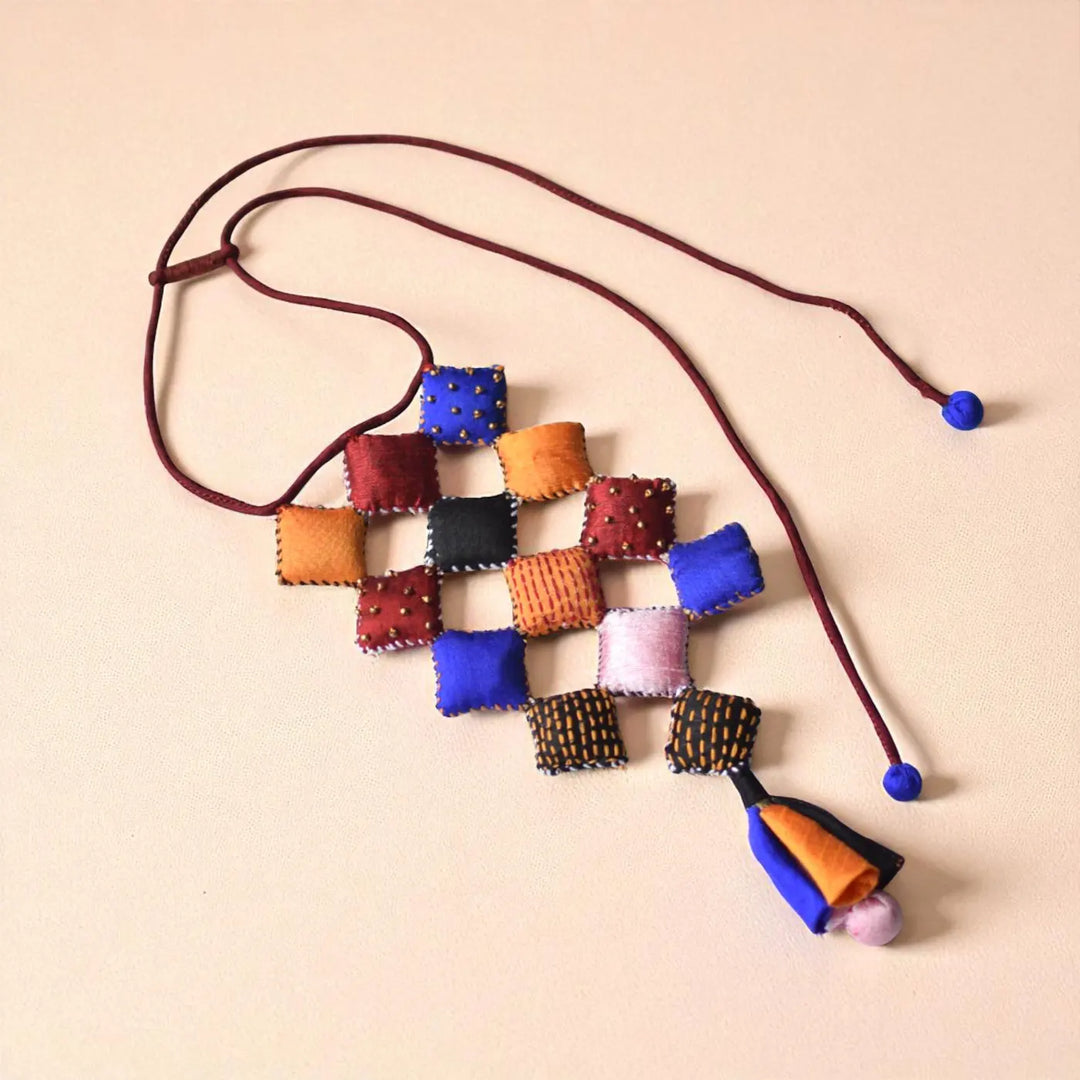 Handmade Textile Art Diamond Shaped Dupion Silk Fabric Necklace