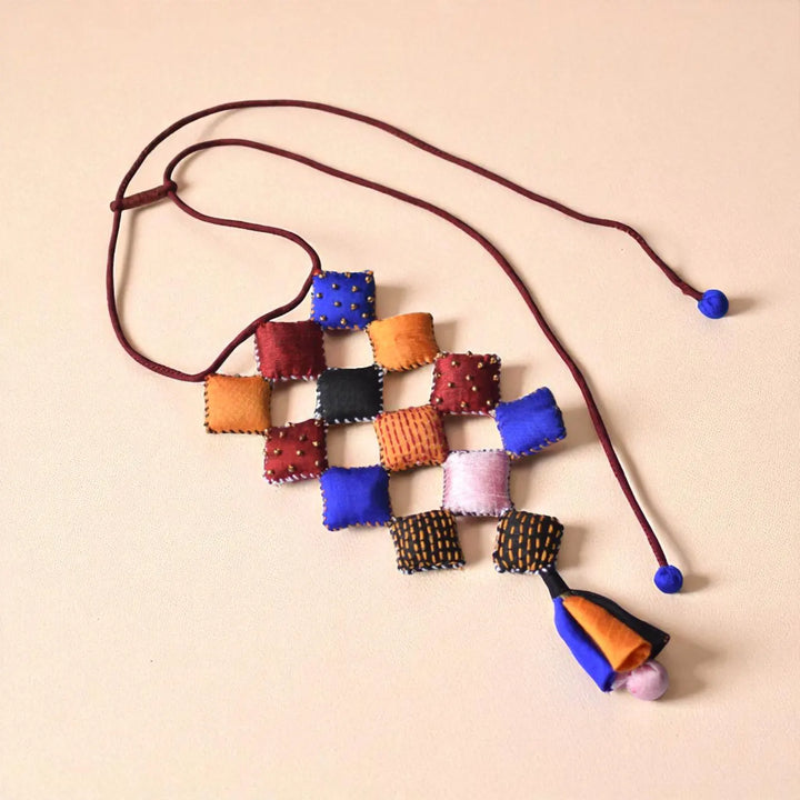 Handmade Textile Art Diamond Shaped Dupion Silk Fabric Necklace