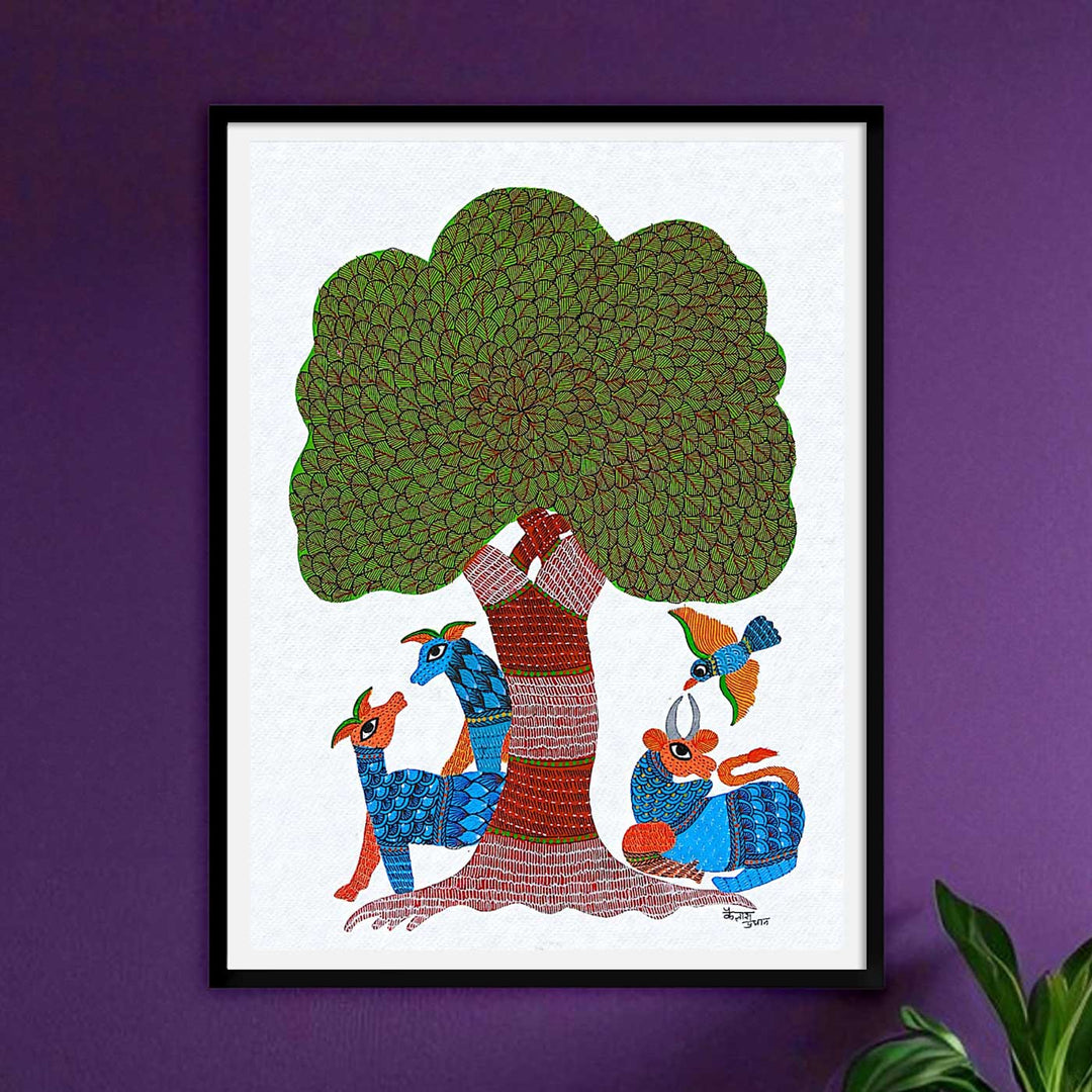 11 x 15 Inch | Harmony Under Tree | Original Hand painted Tribal Gond Art Painting | Acrylic Paints On Paper