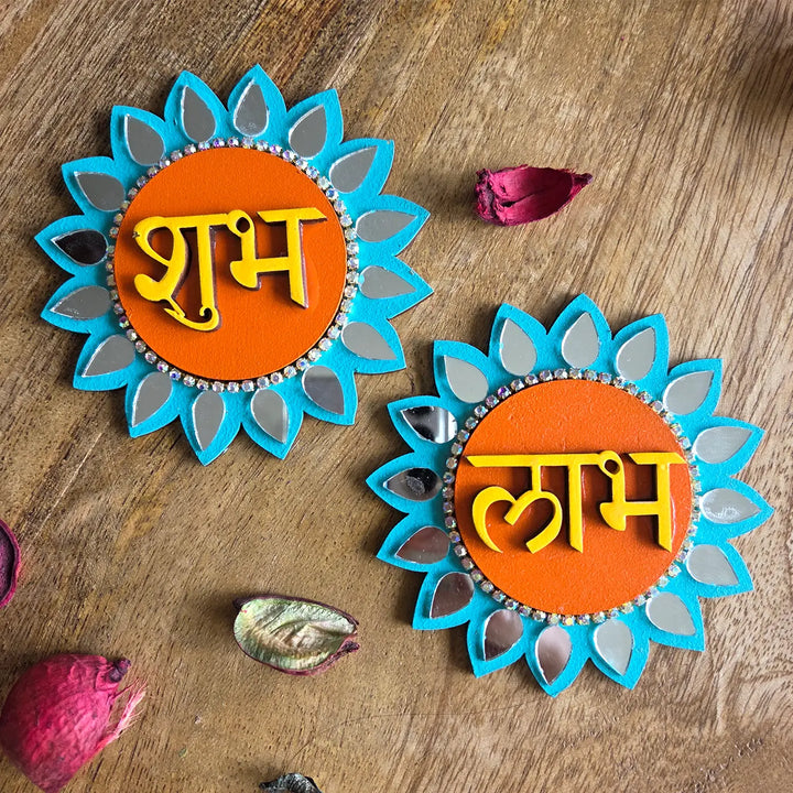 Hand-Painted Mirror Work Floral MDF Wood Shubh Labh Hangings | Set Of 2