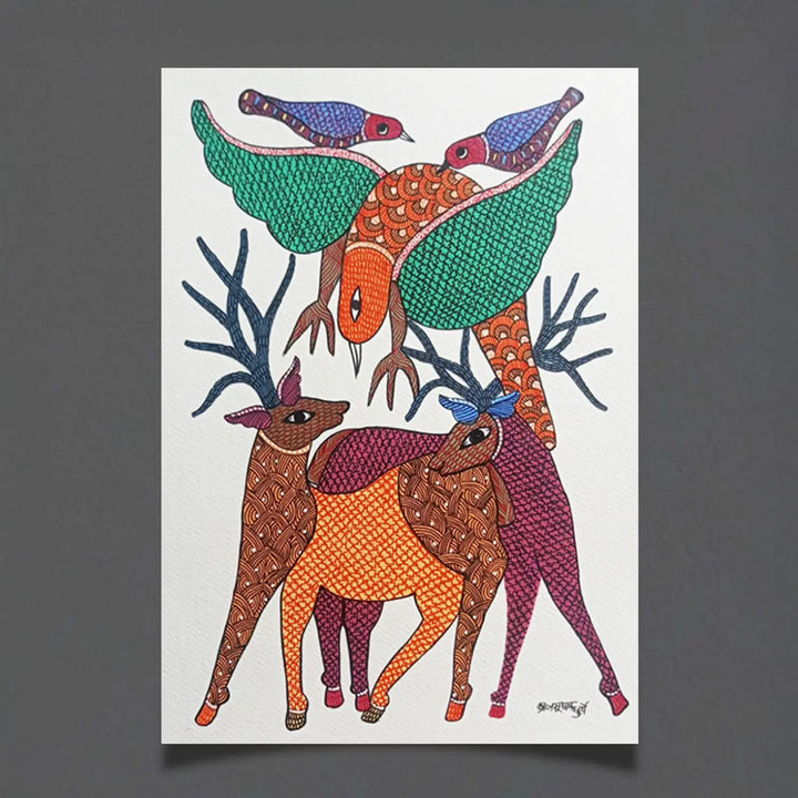 11 x 16 Inch | Deer and Birds in Harmony | Original Hand Painted Tribal Gond Art Painting | Acrylic Paint On Paper