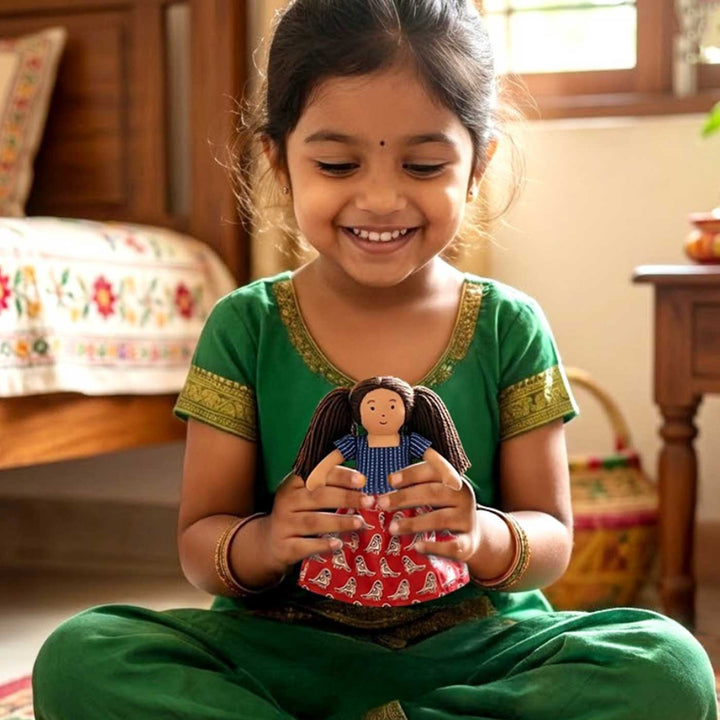 Nilah's (Younger Sister) Mira In Blue & Red Dress | Soft Hand-Stitched Sustainable Indian Play Doll