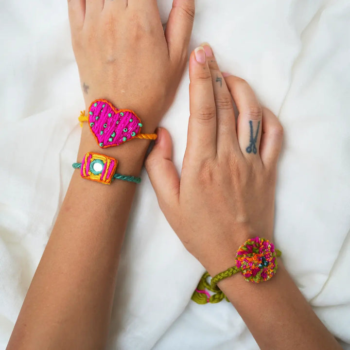 3 pc Rakhi + Brass Thali Set | Premium Candy Pop Embroidered Rakhi Set with Roli Chawal