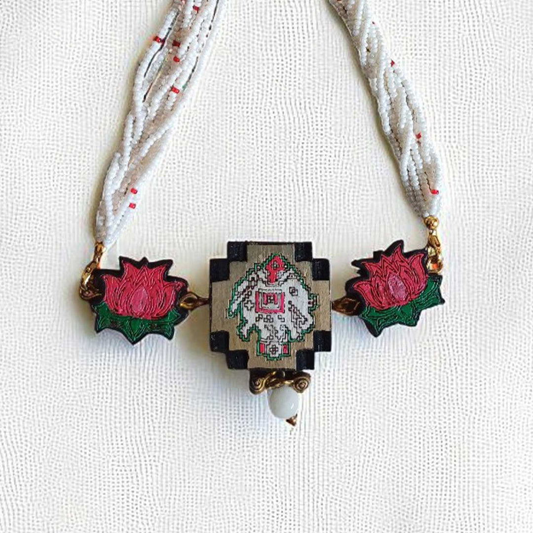 Handmade Elephant & Lotus Design Wooden Necklace