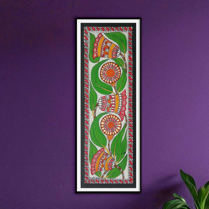 16 x 6 Inch | Flowers & Leaves | Original Hand Painted Madhubani Painting | Acrylic Paints On Paper