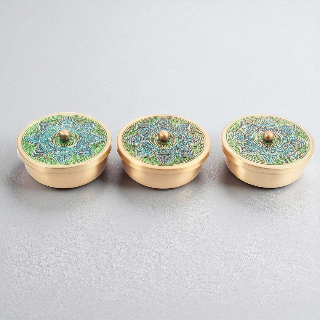 Hand-Painted Vrinda Brass Gift Hamper | Includes 3 Containers And 1 Gift Box