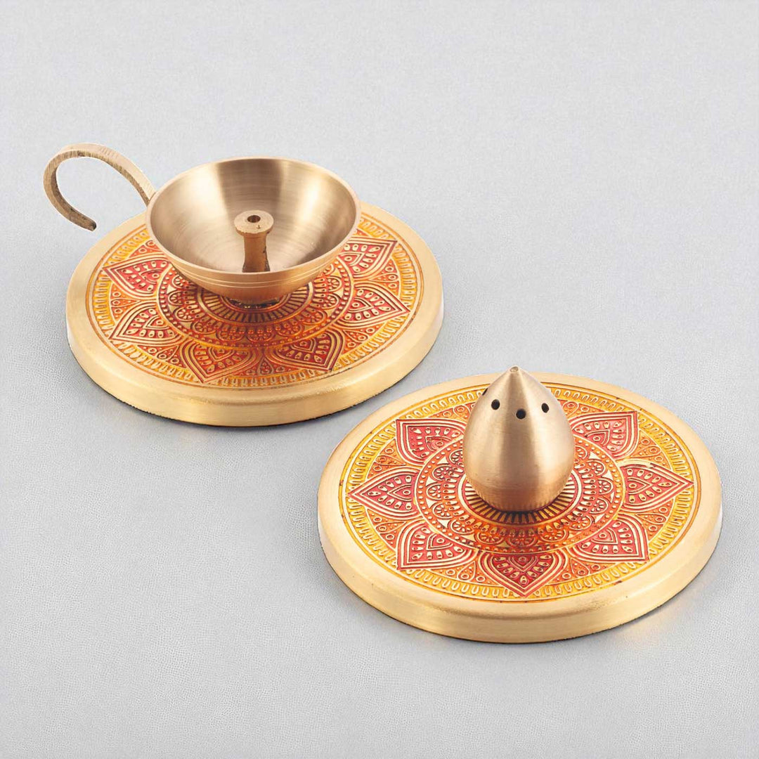 Hand-Painted Puri Brass Gift Hamper | Includes 1 Diya, 1 Incense Holder And 1 Gift Box