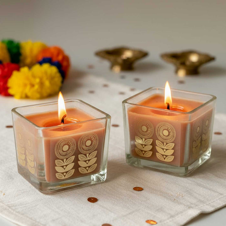 Set Of 2 | Handmade Ira Gold Foil Glass Jar Soy Wax Candle With Black Oudh Fragrance