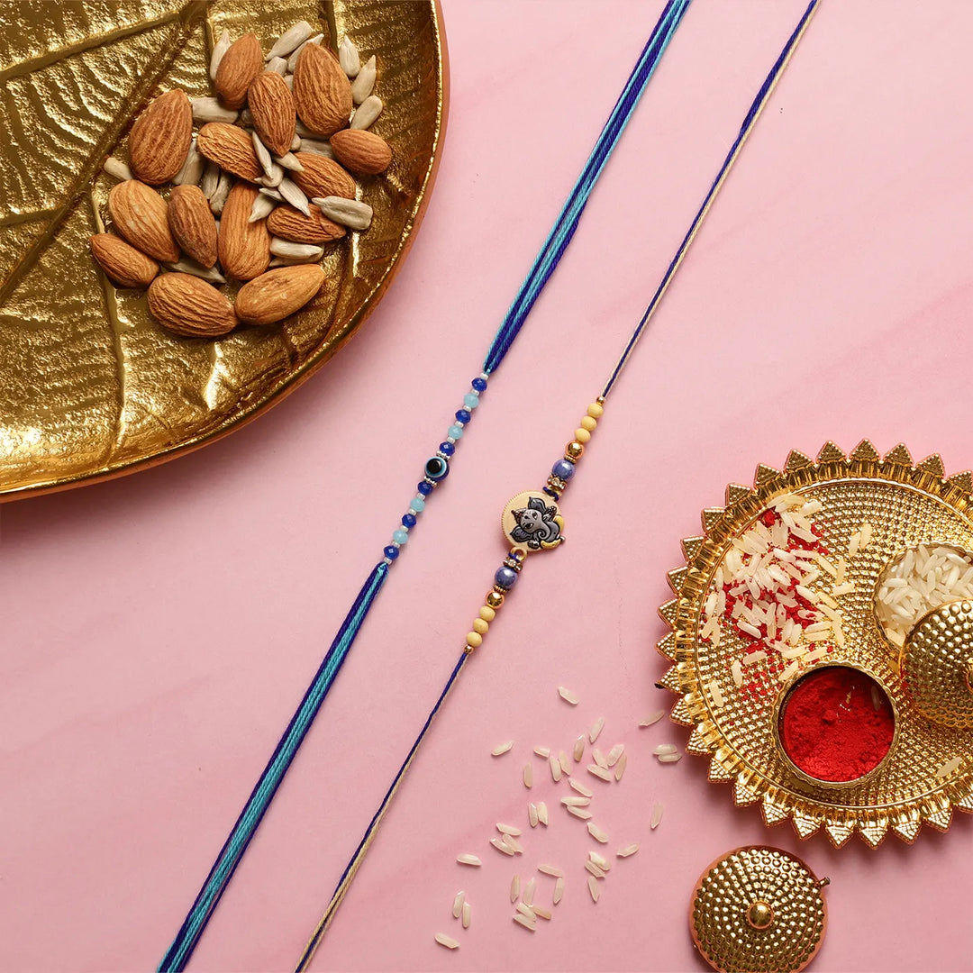 Handmade Ganesha & Evil Eye Kids Rakhi With Roli Chawal | Set Of 2
