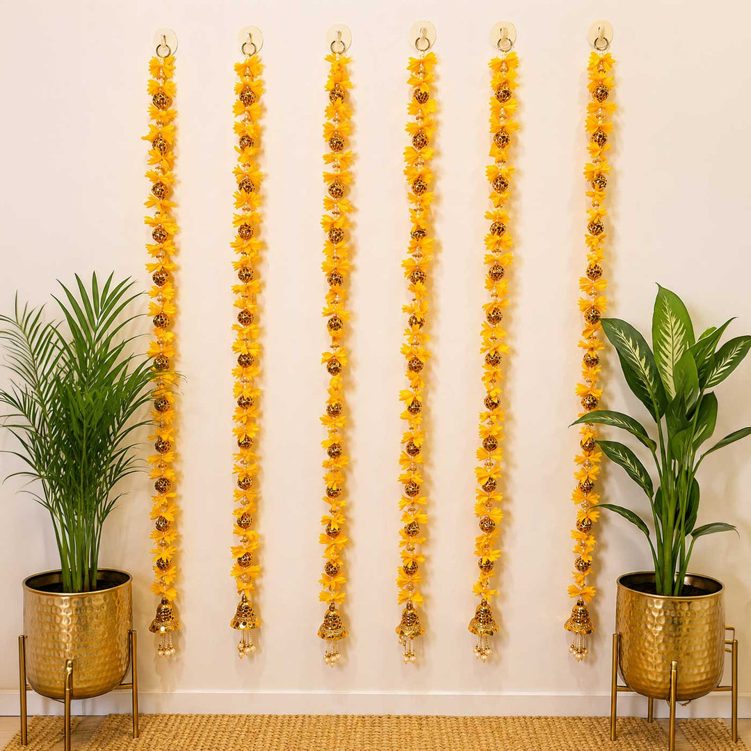 Handcrafted Artificial Flower Yellow Tassel Hangings With Gold Bead Detailing