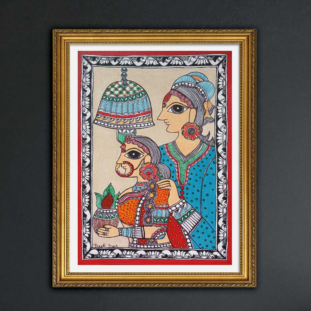 11 x 8 Inch | Dulha Dulhan | Original Hand Painted Madhubani Painting | Nib Acrylic On Paper