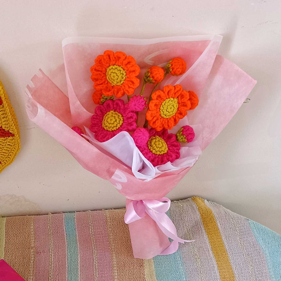 Handmade Crochet Neon Pop Theme Flower Bouquet With Lights