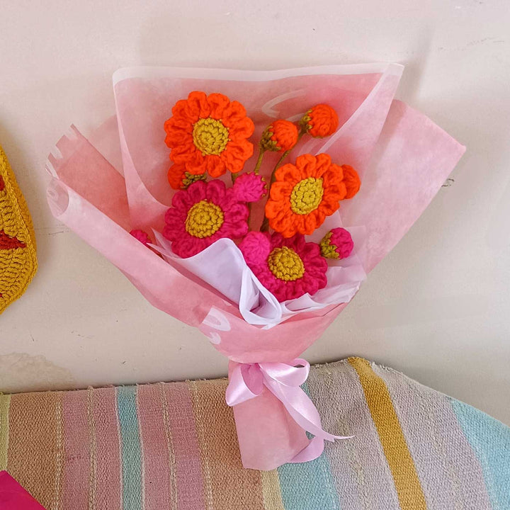 Handmade Crochet Neon Pop Theme Flower Bouquet With Lights
