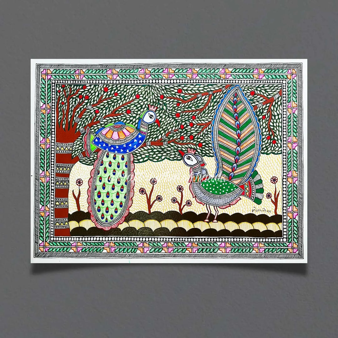 11 x 16 Inch | Peacock Under The Tree | Original Hand Painted Madhubani Painting On Paper