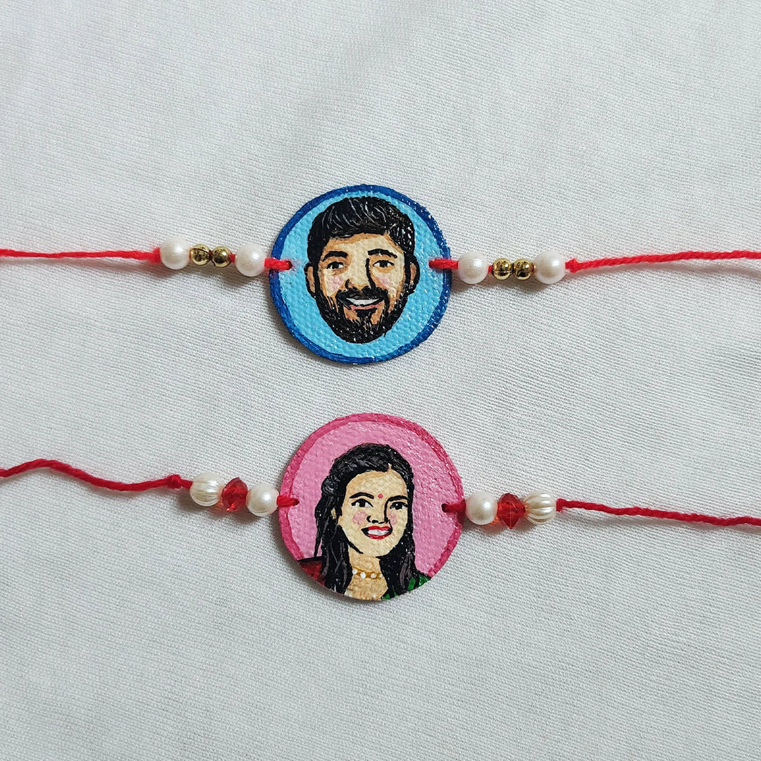 Photo Personalized Hand-Painted Caricature Bhaiya Bhabhi Rakhi | Set Of 2