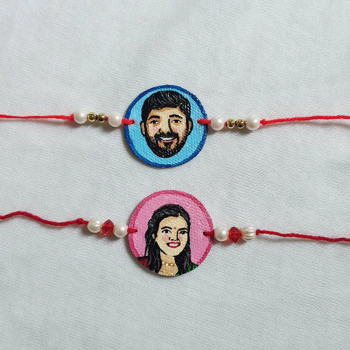 Photo Personalized Hand-Painted Caricature Bhaiya Bhabhi Rakhi | Set Of 2