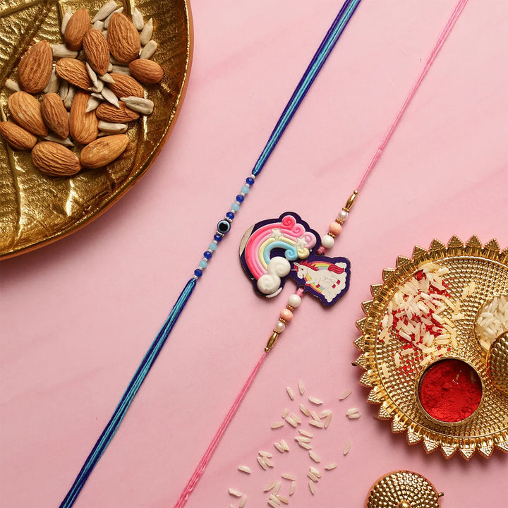 Handmade Rainbow & Evil Eye Kids Rakhi With Roli Chawal | Set Of 2