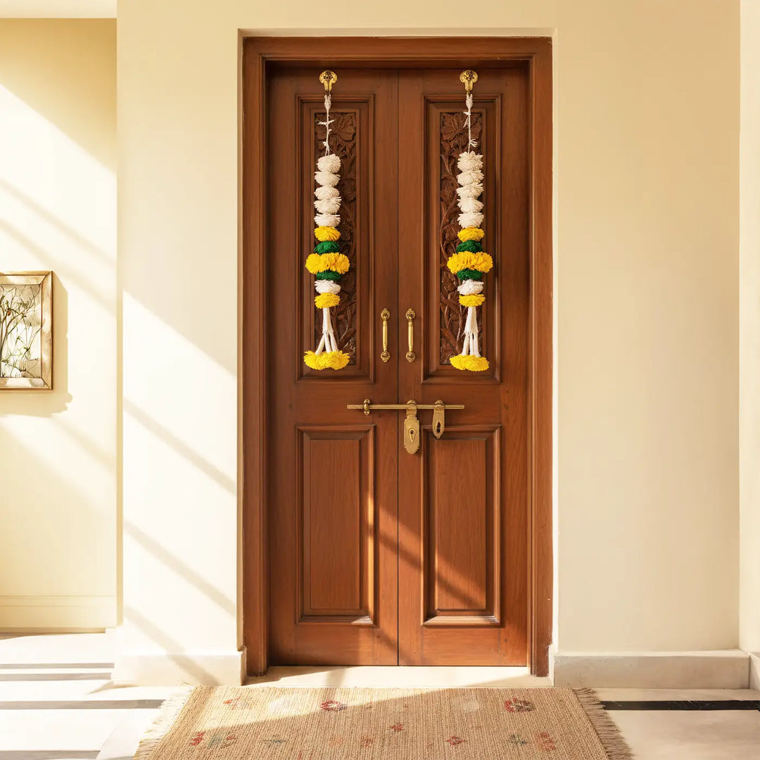 Handmade Divine Bloom White & Yellow Shola Flower Hanging | Set Of 2
