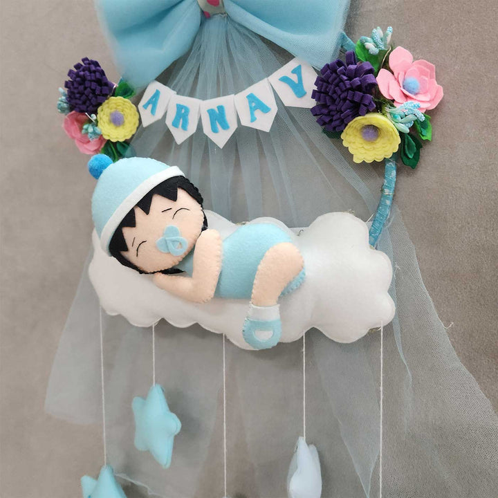 Personalized Cloud Theme Felt Kids Name Plate With Light For Boys