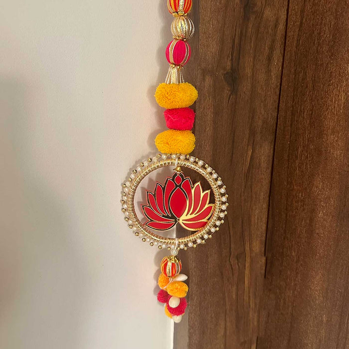 6 Pc | Handmade Decorative Pom Pom & Lotus MDF Hangings With Bangle Accents