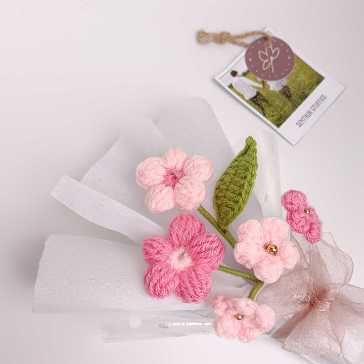 Handmade Crochet Classic Pink Blossom Mini Flower Bouquet | Includes Photo & Greeting Card