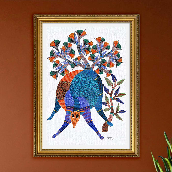 11 x 15 Inch | Tree & Deer | Original Hand painted Tribal Gond Art Painting | Acrylic Paints On Paper