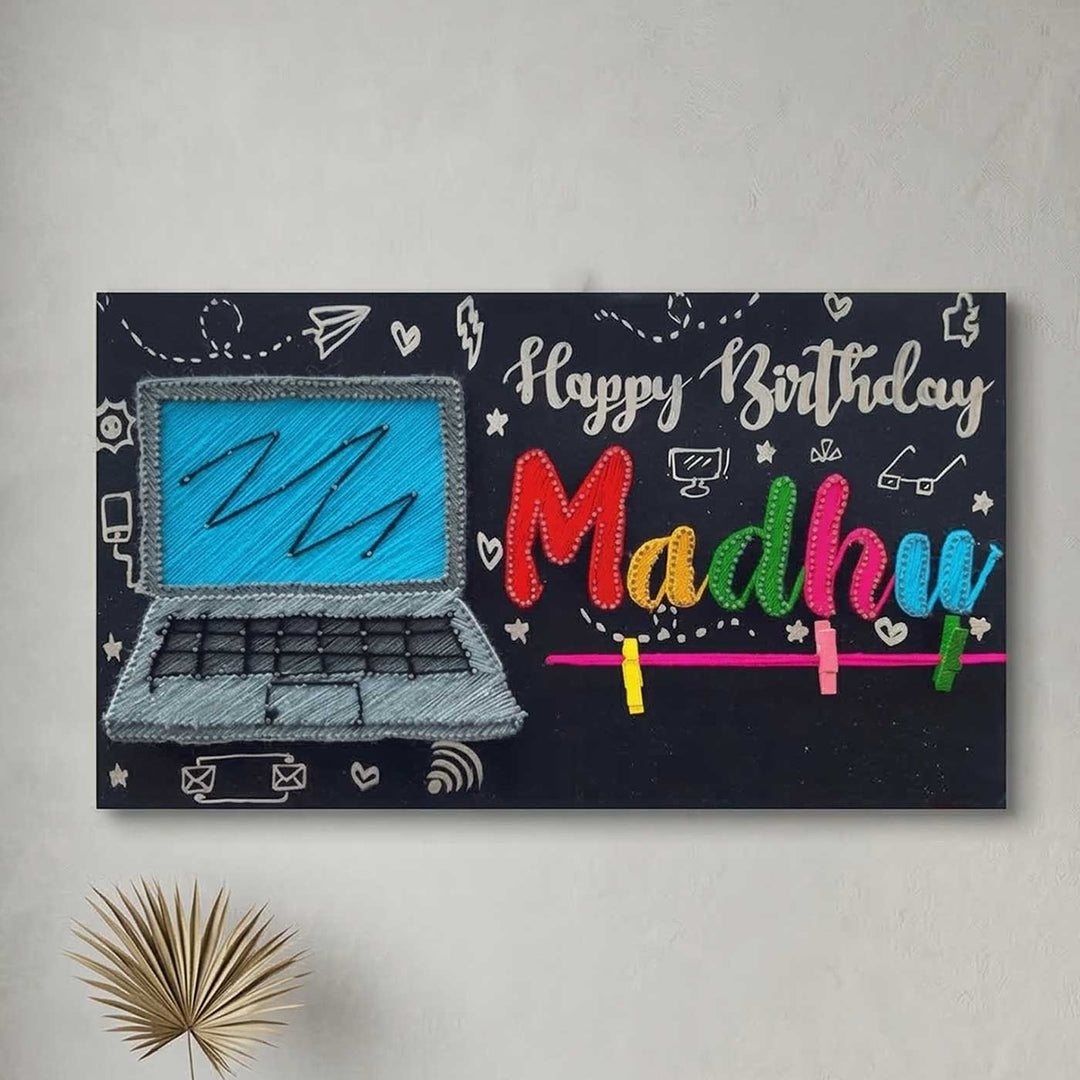 Photo Personalized String Art Laptop Theme Wooden Name Plate