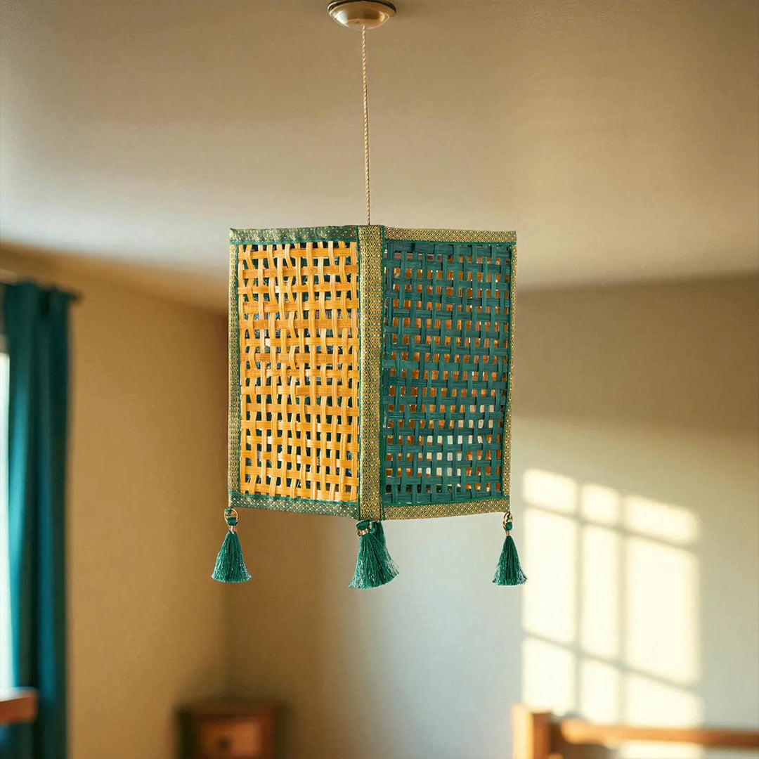 Golden & Green Zari Border Handmade Woven Bamboo Square Hanging Lampshade