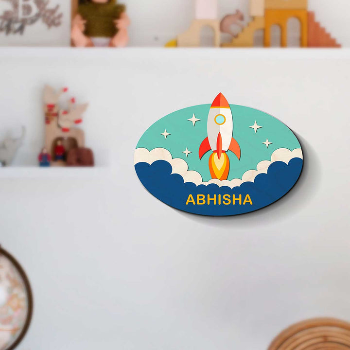Personalised Rocket Theme 3D Oval Kids Nameplate