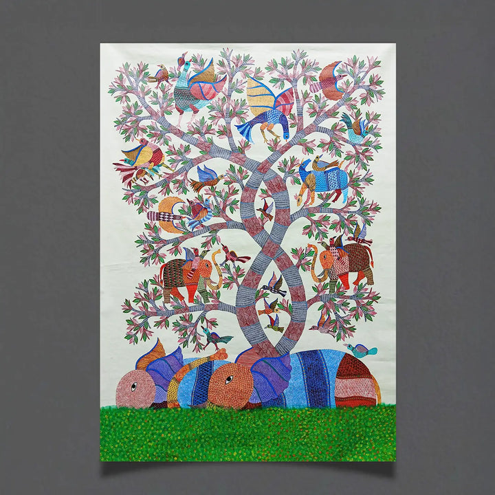 48 x 63 Inch | Rabbit & Birds | Original Hand Painted Tribal Gond Art Painting | Acrylic Paints On Canvas