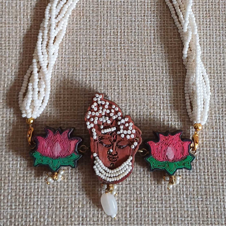 Handmade Shrinath & Lotus Design Wooden Necklace