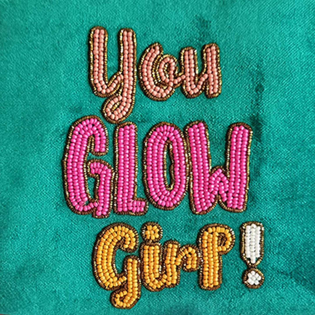 Handmade Embroidered Green You Glow Girl Design Velvet Pouch