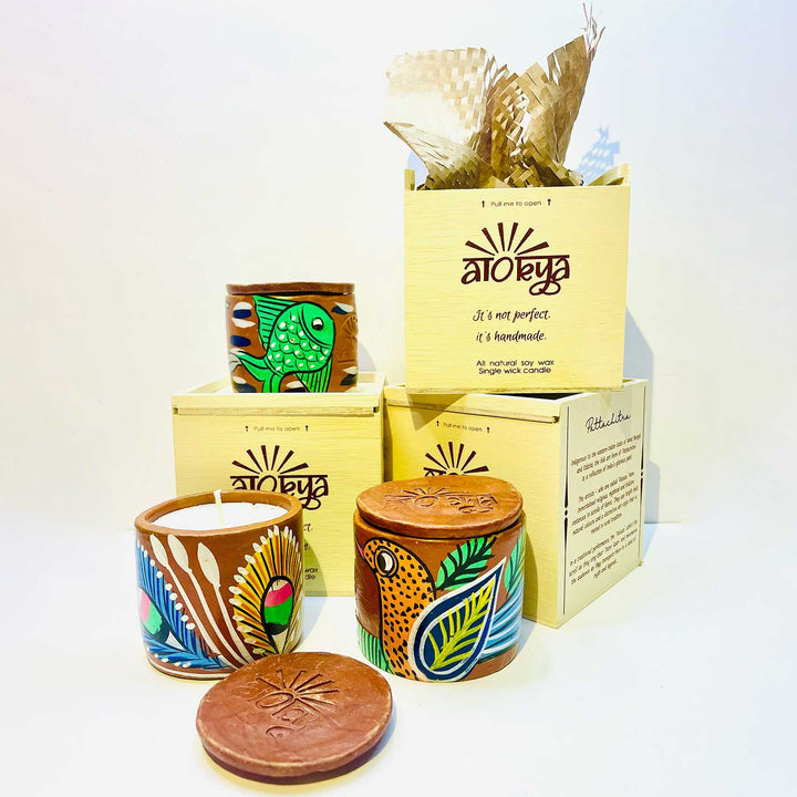 Hand-Painted Pattachitra Single Wick Scented Candles | Set Of 3 (Assorted Designs)