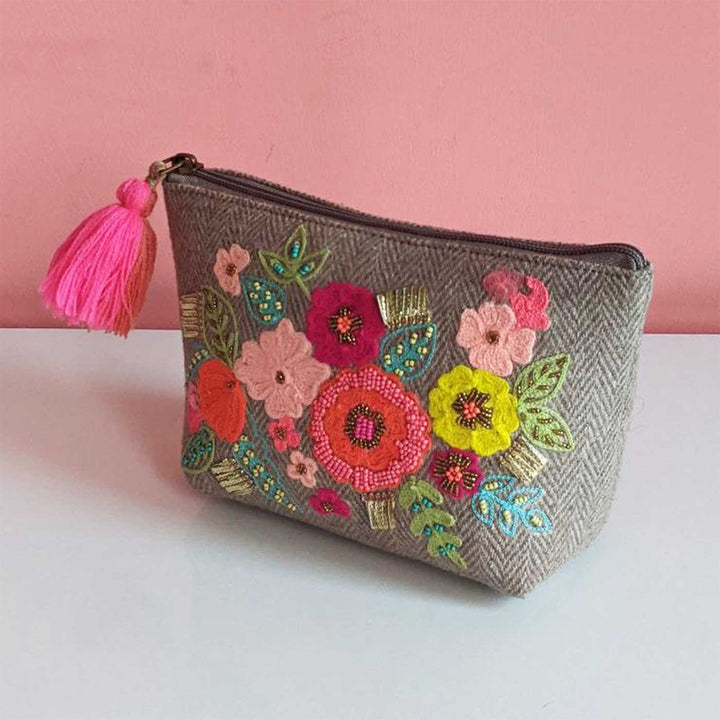 Handmade Embroidered Beige Color Jacquard Pouch