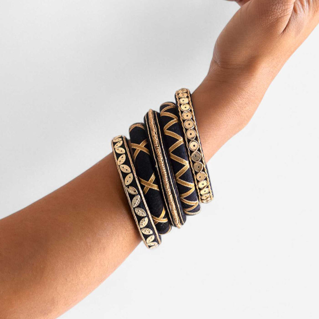 Black & Gold Handcrafted Delicate Zardosi Bangles | Set of 5
