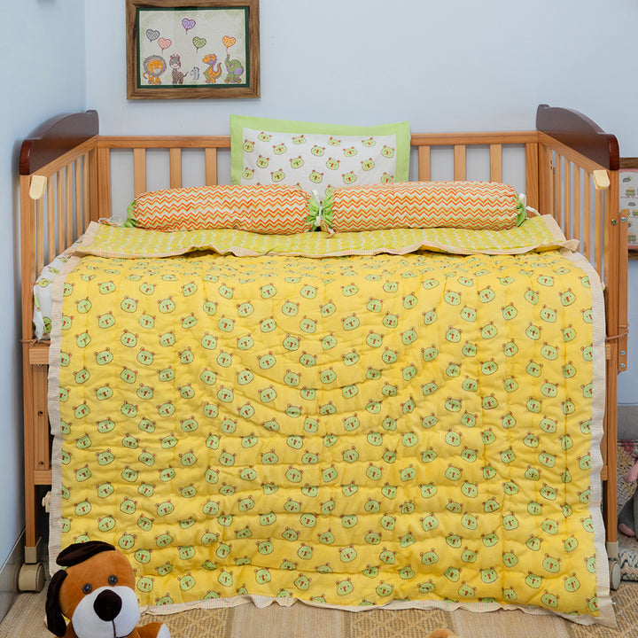 Green Panda Hand Block Printed Baby Quilt