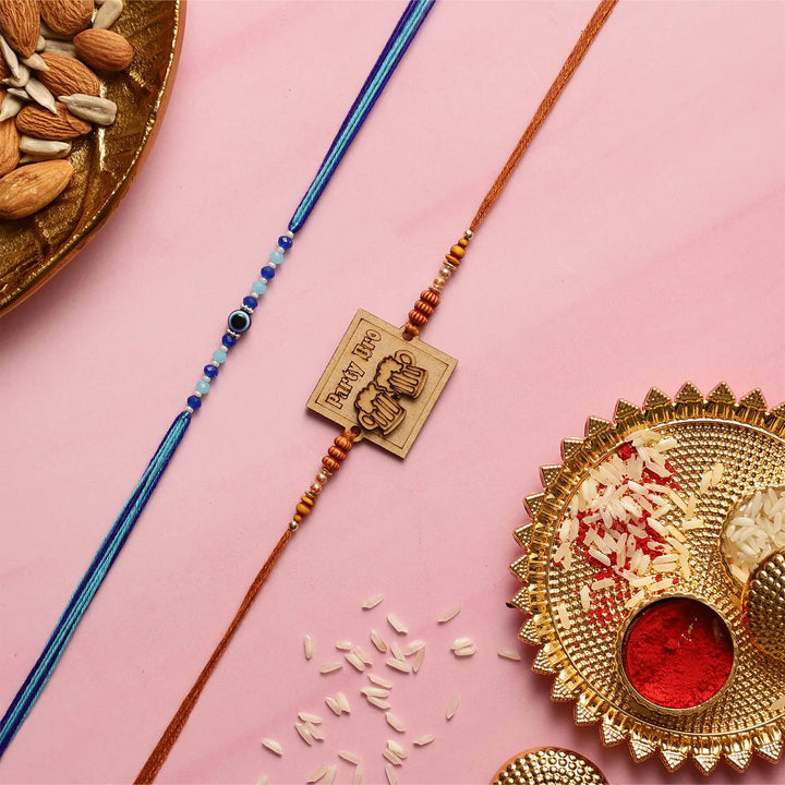 Handmade "Party Bro" & Evil Eye Rakhi With Roli Chawal | Set Of 2