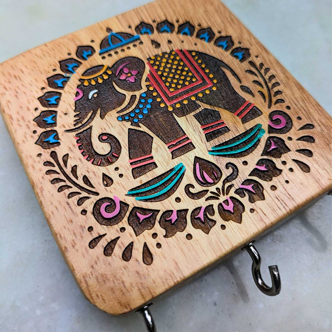 Engraved Hand-Painted Elephant Rubber Wood Wall Key Holder