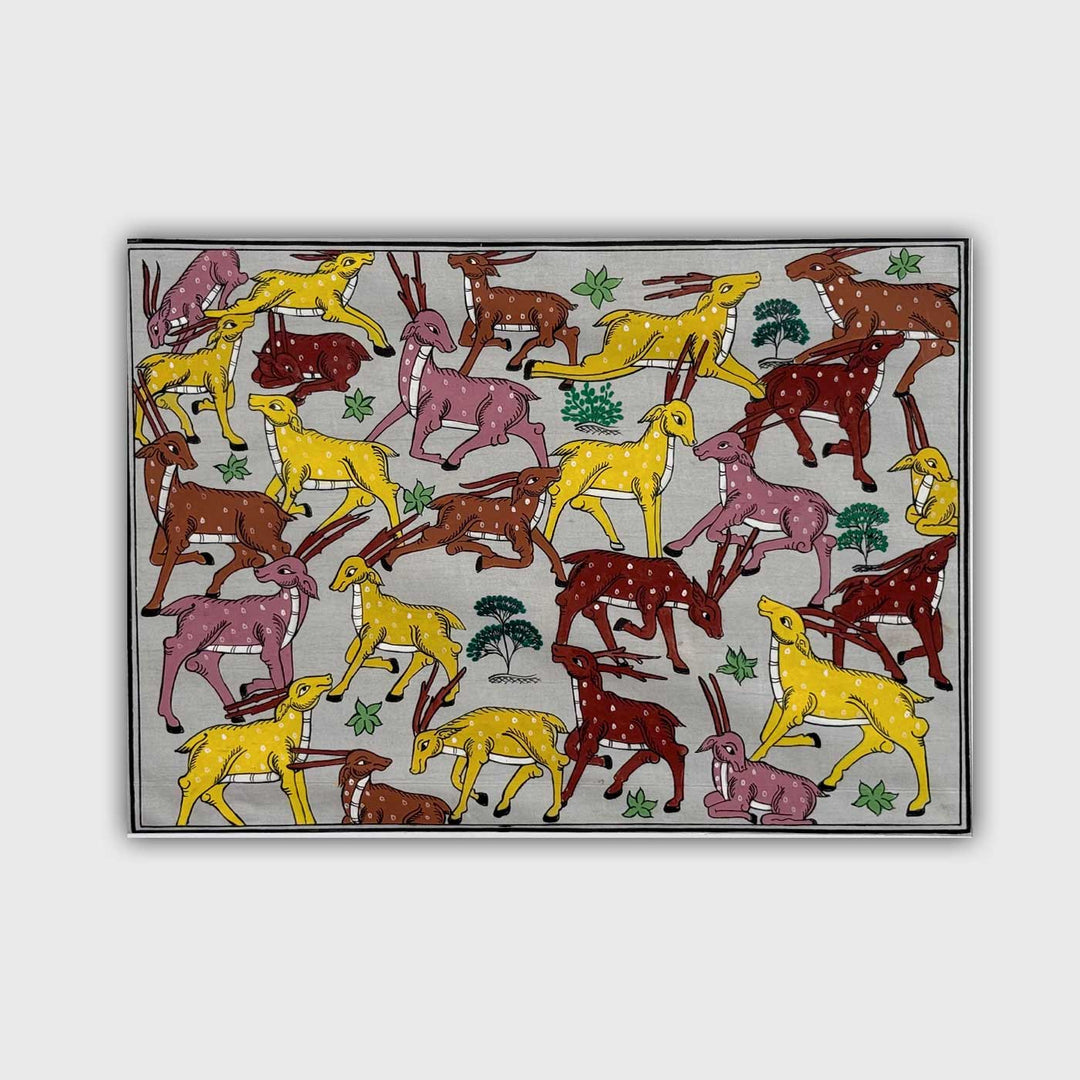 16 X 12 Inch | Handmade Silk Deer Herd Painting