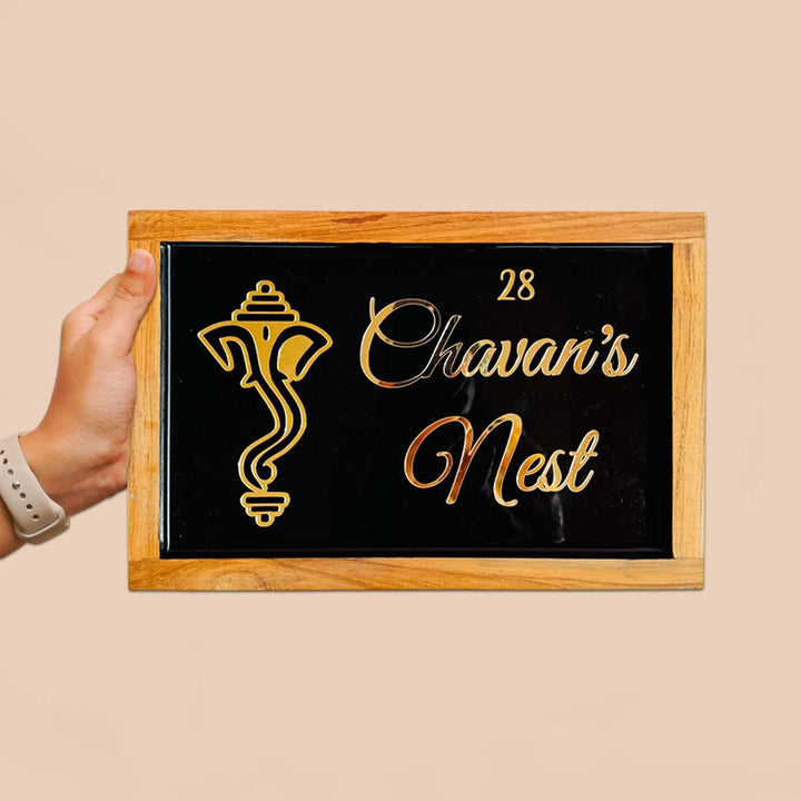 Personalized Ganesha Face Theme Resin Name Plate With Teak Wood Border For Couples