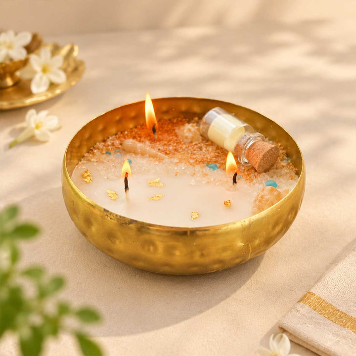 Personalized "Message In A Bottle" Handmade Beach Theme Soy Wax Scented Metal Urli Candle For Home Decor