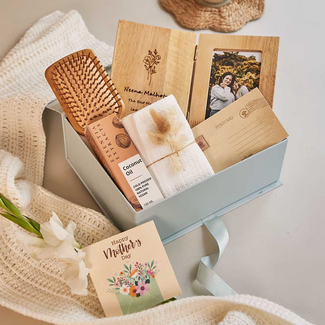 Photo Personalized Wrapped in Love for Mom Gift Box | Includes 1 Wooden Hair Brush, 1 Coconut Oil, 1 White Waffle Hand Towel, 1 Wooden Photo Frame, 1 Mother’s Day Postcard, 1 Peek-A-Boo Gift Box