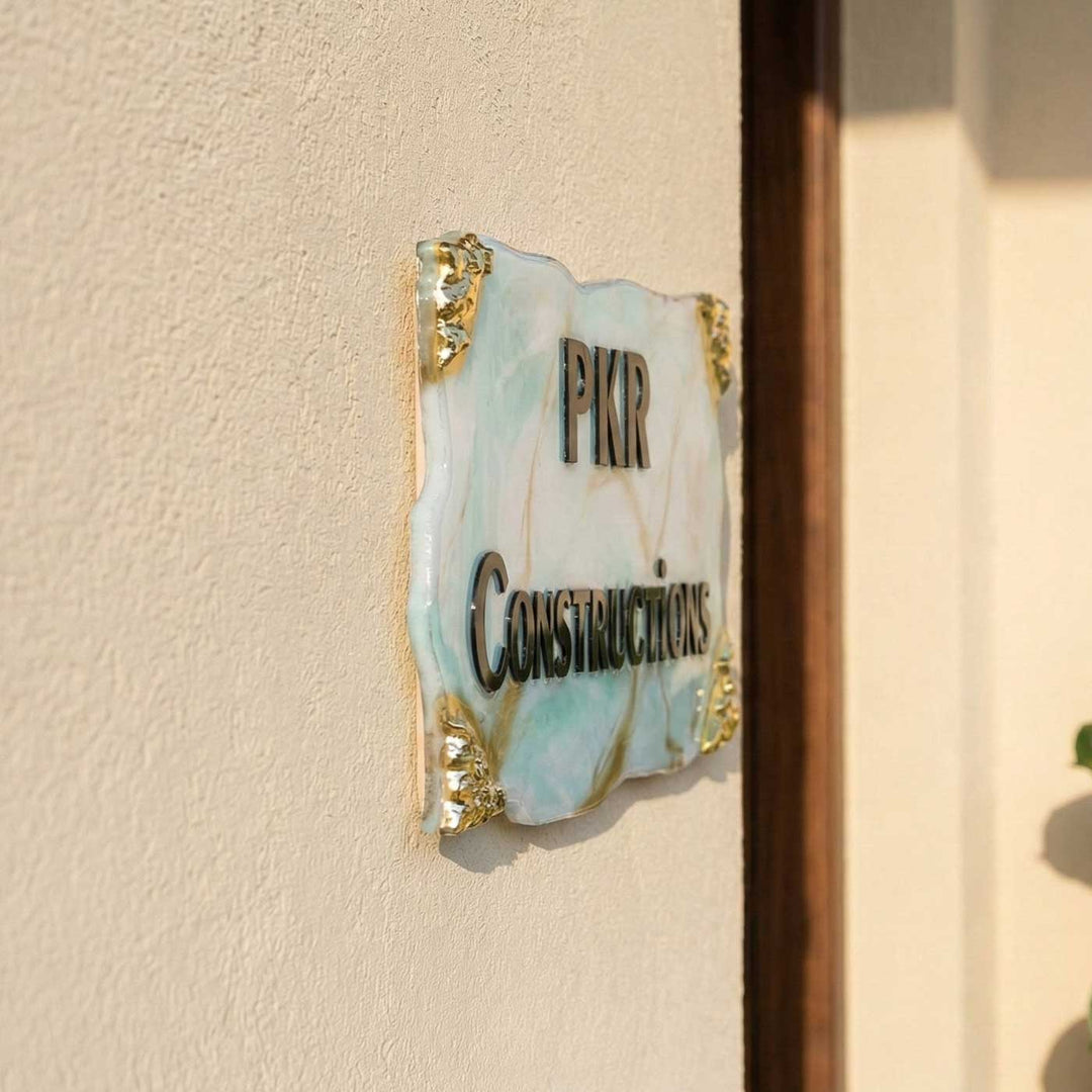 Handmade Resin Blue & Gold Rectangle Marbled Name Plate