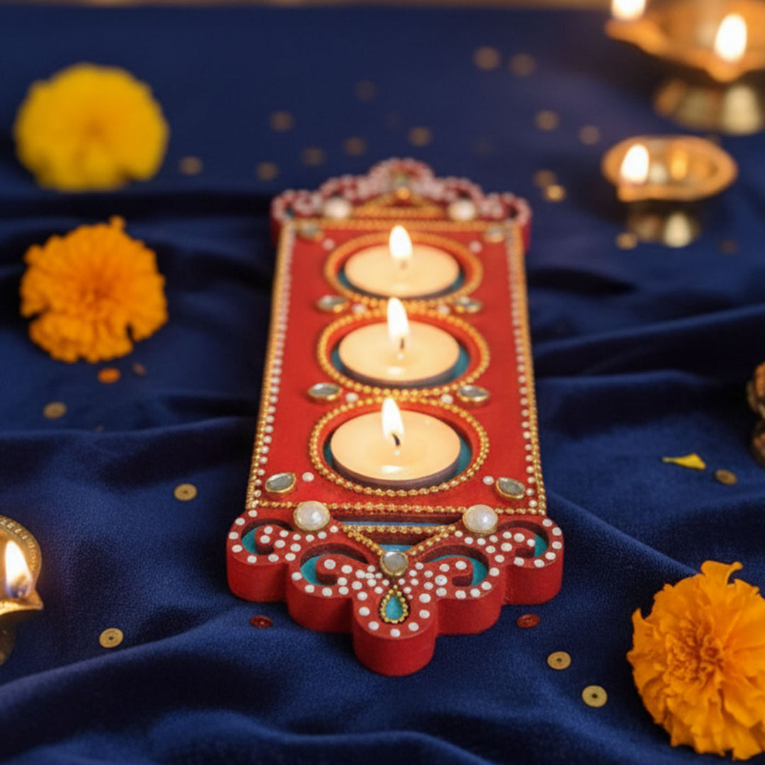 Handmade Dot Art Red & Blue Tealight Holder